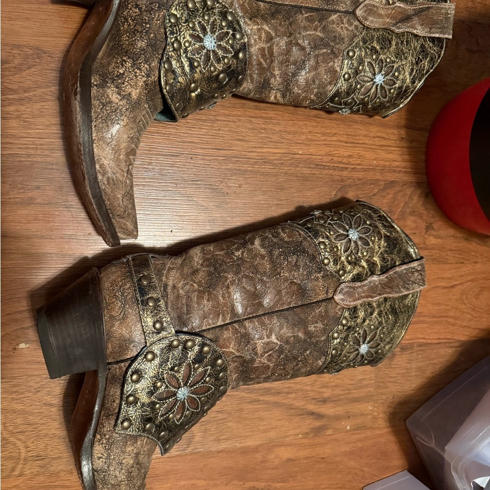 Corral Distressed Brown and Gold Embellished Boots